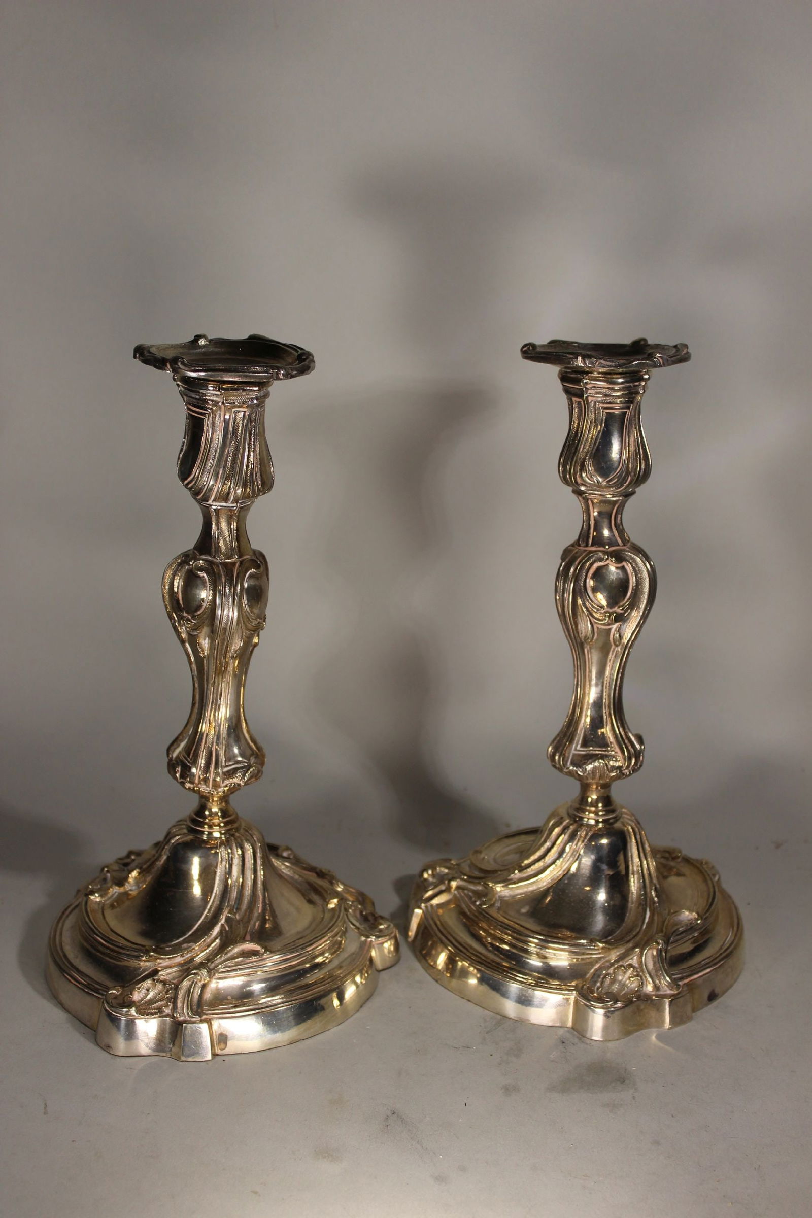SILVER ON BRONZE TALL FRENCH LOUIS xv CANDLE HOLDERS 10 1/2" TALL, HEAVY, FINE QUALITY. (1 of 4)