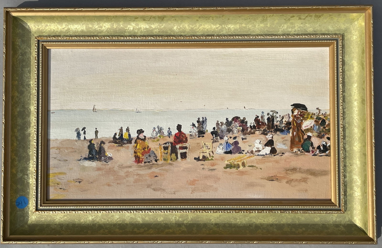 IMPRESSIONIST OIL ON BOARD OF A VICTORIAN BEACH SCENE IN GILT FRAME, 22" X 14.5": IMPRESSIONIST OIL ON BOARD OF A VICTORIAN BEACH SCENE IN GILT FRAME, 22" X 14.5"