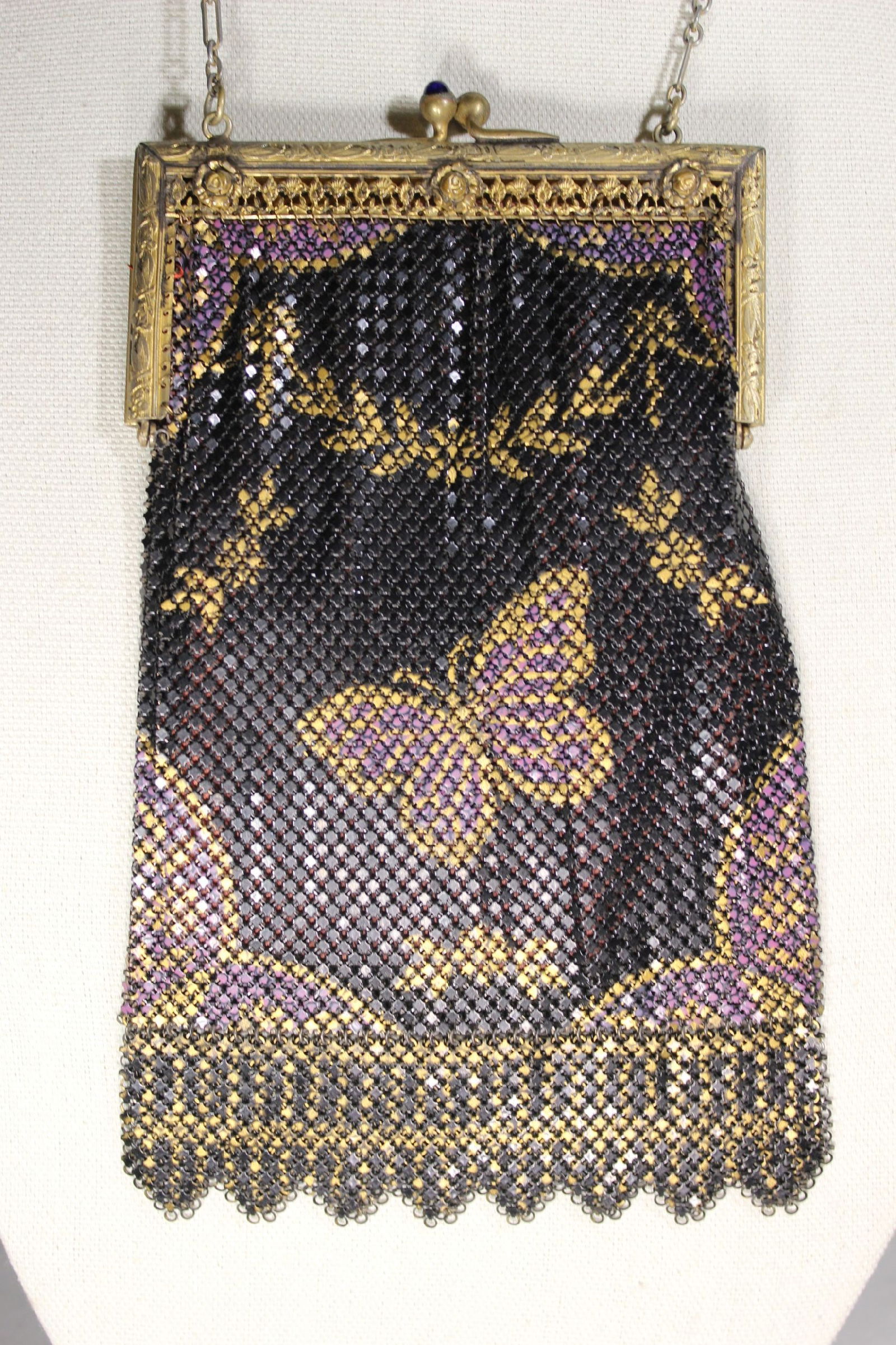 ELSAH ART DECO MESH EVENING BAG PURSE W BUTTERFLY, BLACK AND PURPLE AND GOLD, 8" x 5 1/4". (1 of 5)