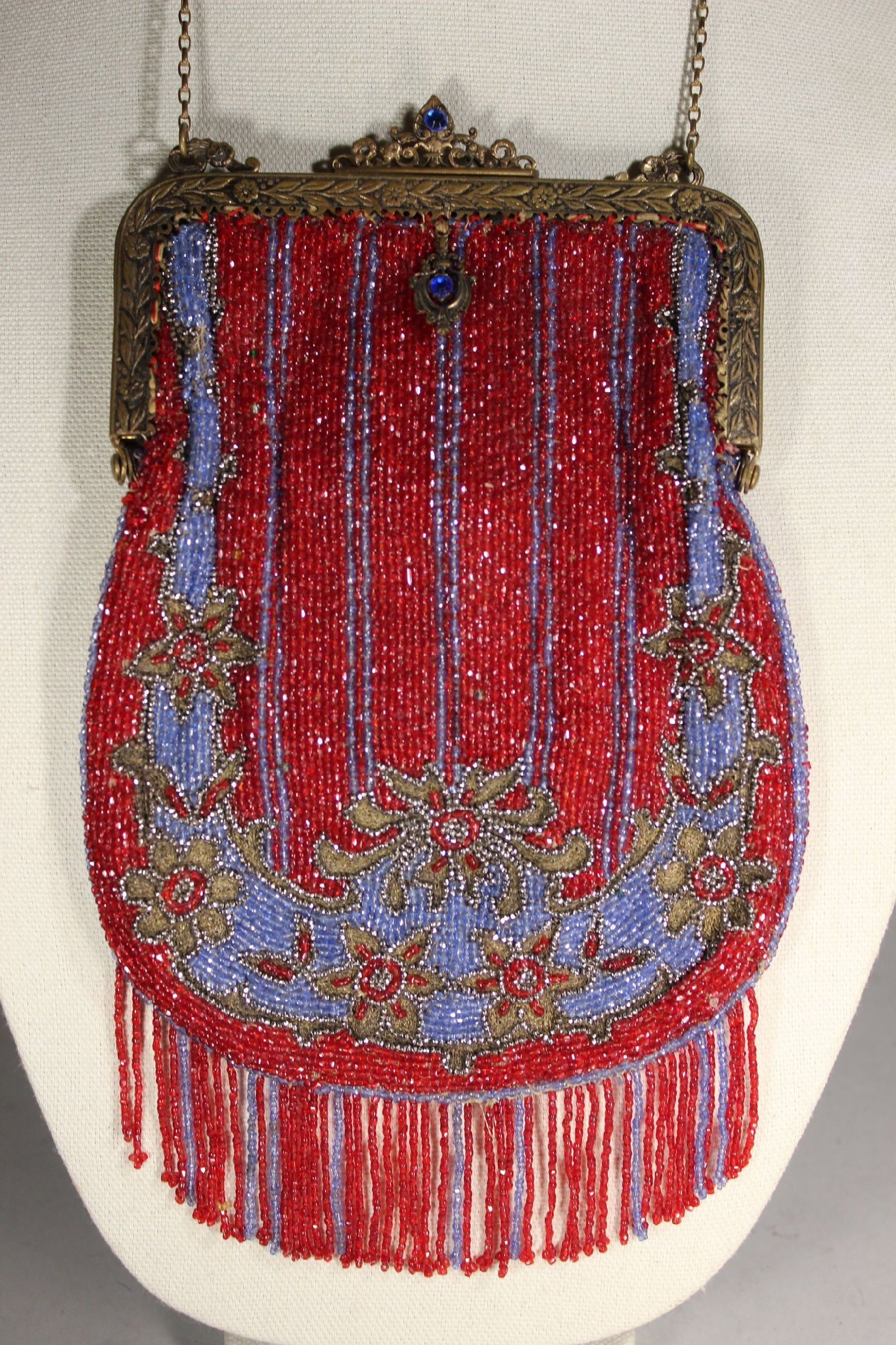 STUNNING VICTORIAN FLAPPER ERA GLASS BEADED PURSE, RED WITH FLOWERS, BLUE STONES IN FRAME, PURSE 10" (1 of 6)