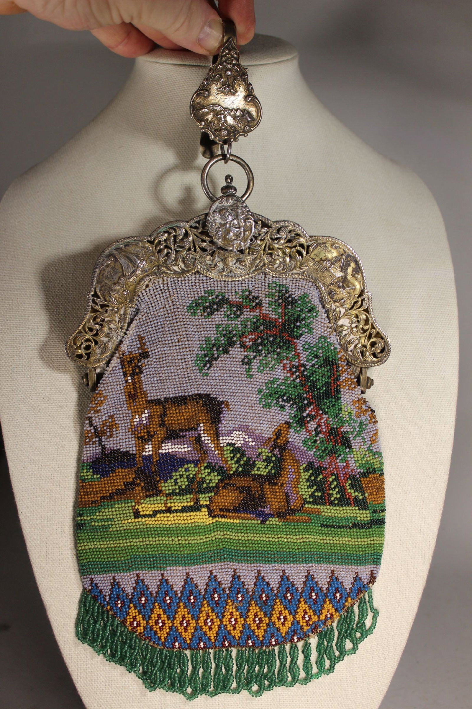EARLY STERLING SILVER HALLMARKED CHATELAINE PURSE, GLASS BEADED, DEER IN LANDSCAPE, WITH HOOK, 14" (1 of 7)