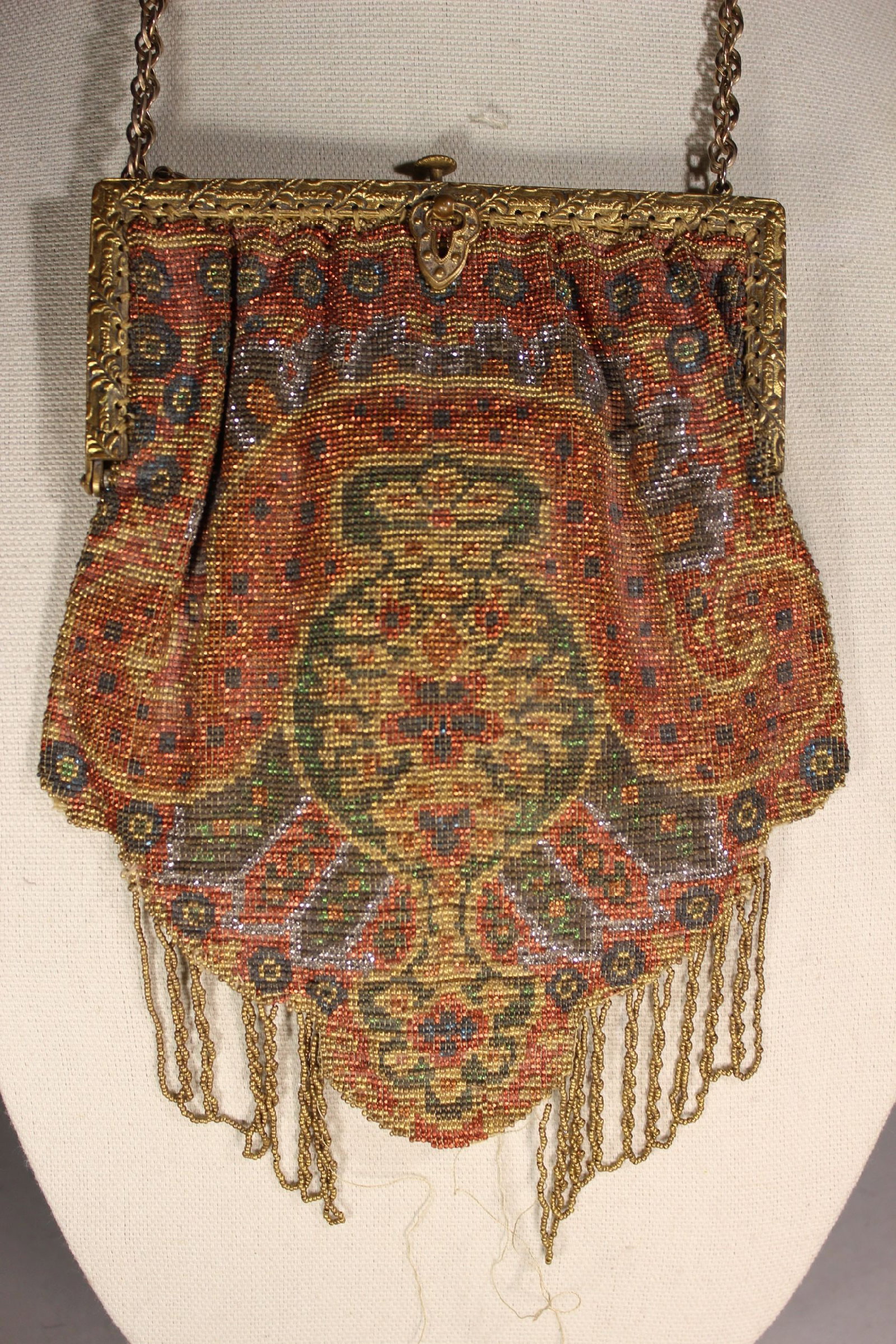 VICTORIAN GLASS BEADED ;LADIES PURSE, PERSIAN DESIGN, GILT FRAME, ORIGINAL INTERIOR, 7 1/2" x 6 (1 of 5)