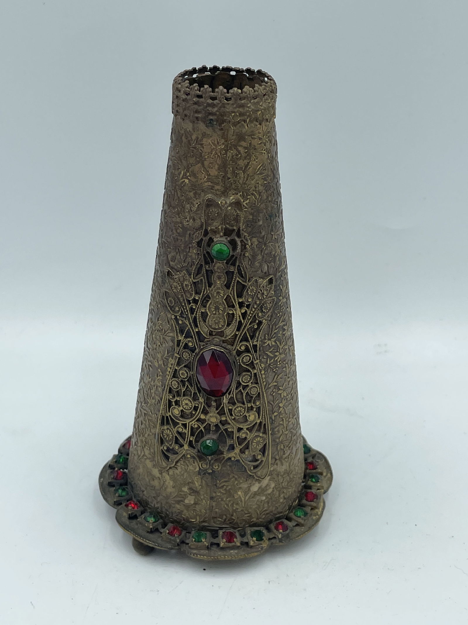 A GILT BRASS VICTORIAN BEJEWELED HATPIN HOLDER (1 of 5)