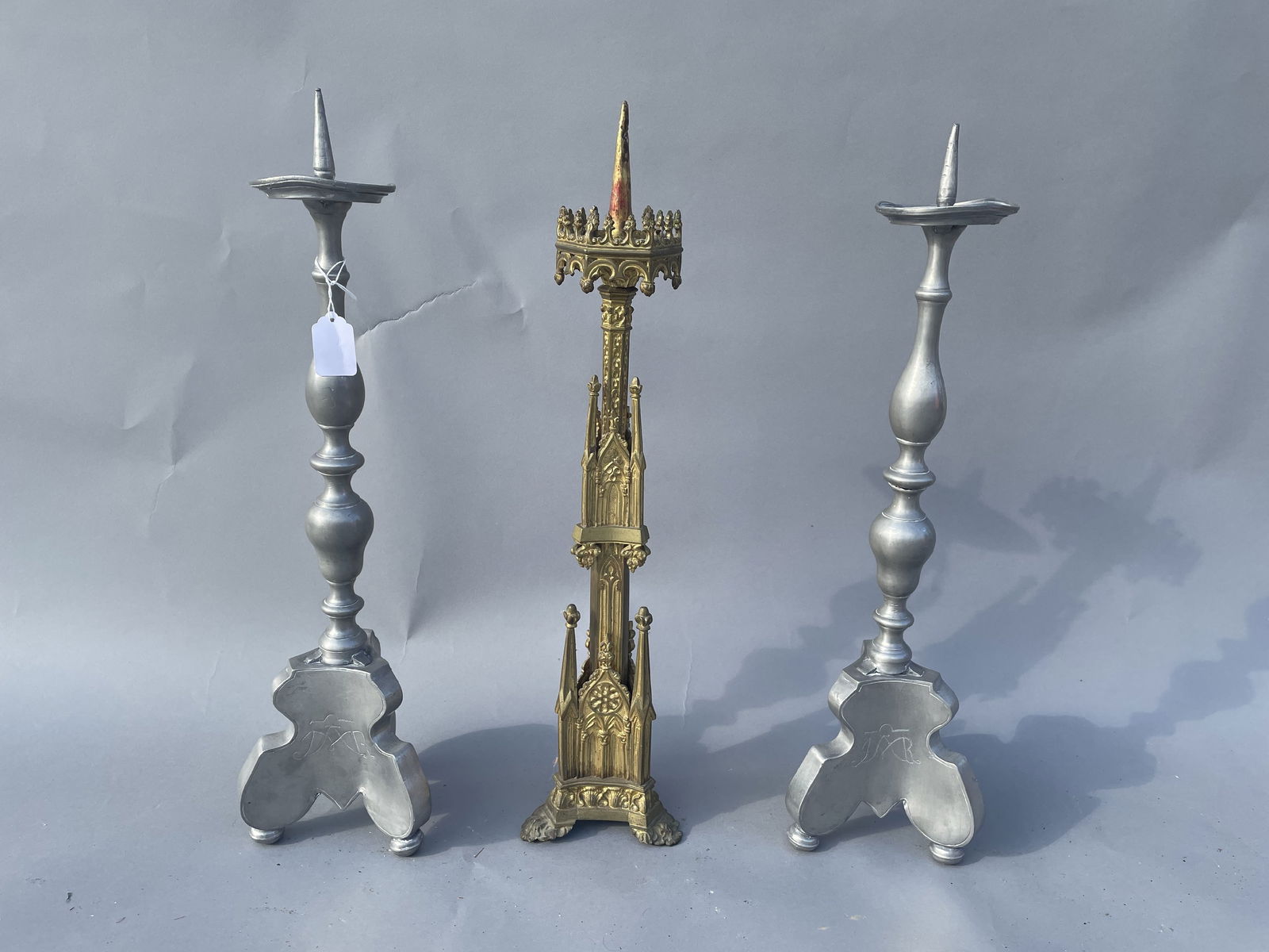 A PAIR OFLARGE GOTHIC  ECLESIASTIC CANDLE HOLDERS (1 of 7)