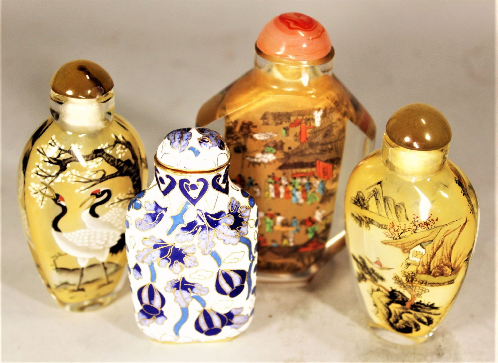 LOT FOUR CHINESE SNUFF BOTTLE, ONES CLOISONNE ENAMEL, BALANCE REVERSE PAINTED CRYSTAL, TALLEST 3 (1 of 3)