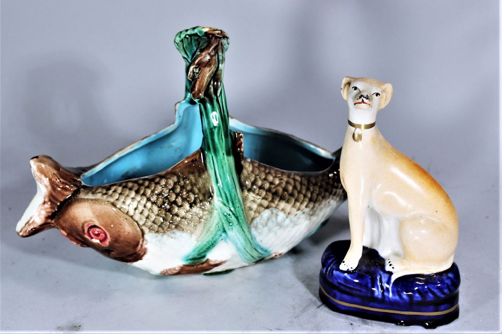 MAJOLICA FISH BASKET & ENGLISH WHIPPET DOG FIGURE, 19TH C., BASKET 9" WIDE x 6" TALL, NO DAMAGE (1 of 3)