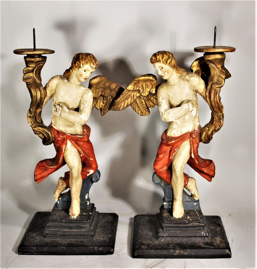 PAIR HAND PAINTED WOOD CONTINENTAL CARVED CANDLE PRICKS FIGURAL ANGELS (ONE WING NEEDS TO BE (1 of 5)