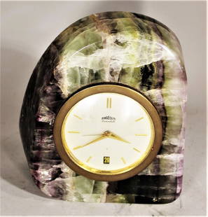 ANGELUS DESK CLOCK ART DECO TO MCM AMETHYST & TOURMALINE STONE, VERY GOOD CONDITION, 6 1/2" x 6" x 2: ANGELUS DESK CLOCK ART DECO TO MCM AMETHYST & TOURMALINE STONE, VERY GOOD CONDITION, 6 1/2" x 6" x 2 3/4" DEEP/.