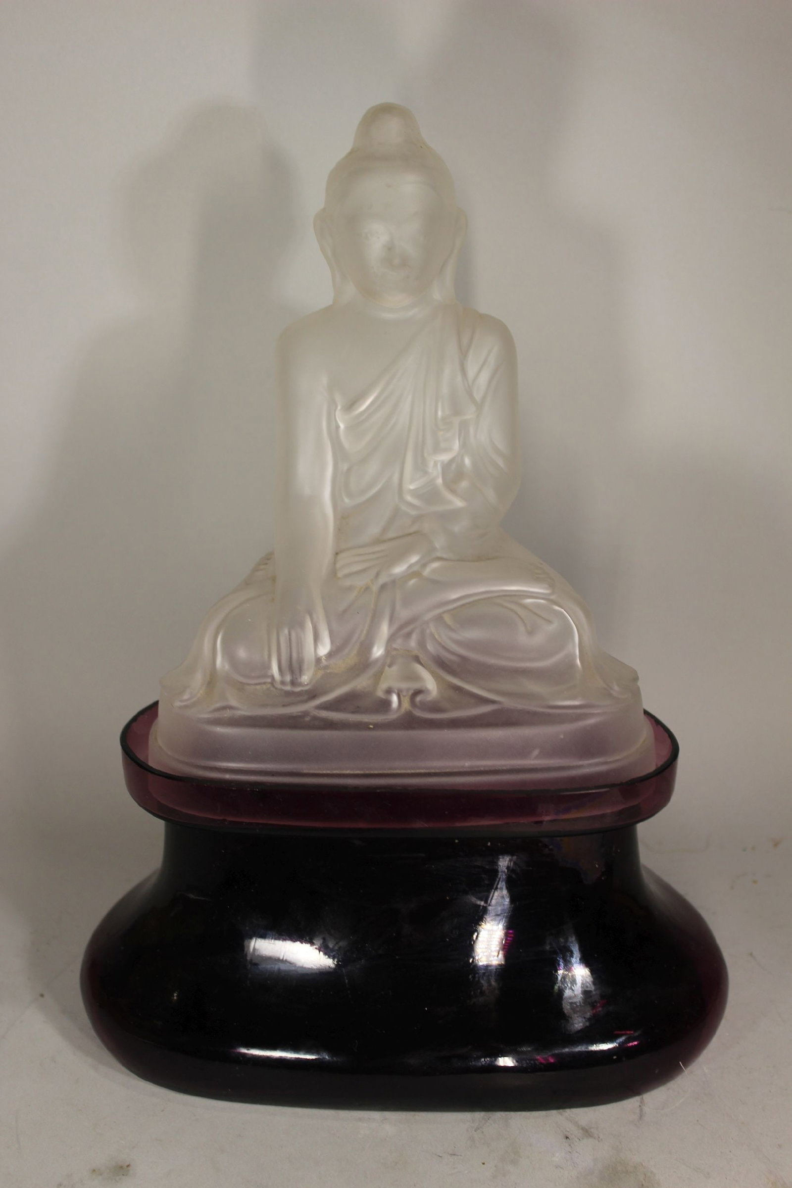ART DECO BUDDHA GLASS TABLE LAMP (MISSING LAMP GUTS) HAVING REPAIR TOBACK OF BASE WITH TAPE (SEEN IN (1 of 4)