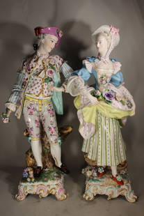 PAIR VERY LARGE 20 1/2" TALL MEISSEN EARLY PORCELAIN COURTING FIGURES, LATE 18TH CENTURY, 20 3/4" X: PAIR VERY LARGE 20 1/2" TALL MEISSEN EARLY PORCELAIN COURTING FIGURES, LATE 18TH CENTURY, 20 3/4" X 8 1/2" THE GENT, VERY MINOR LOSSES AND VERTY MINOR REPAIRS, IE: BOW TO WOMAN'S SHOE.