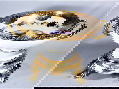 2 PART NIPPON FANCY HAND PAITNED HANDLED BOWL ON FOOTED BASE, 12" x 7", VERY GOOD, NO DAMAGE: 2 PART NIPPON FANCY HAND PAITNED HANDLED BOWL ON FOOTED BASE, 12" x 7", VERY GOOD, NO DAMAGE