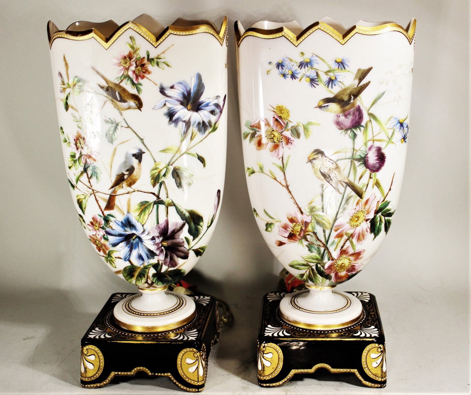 PAIR ANTIQUE OPALINE ENAMEL GLASS DECORATED VASE LAMPS DECPITING BIRDS AND FLOWERS, 13 1/2" x 6 (1 of 5)