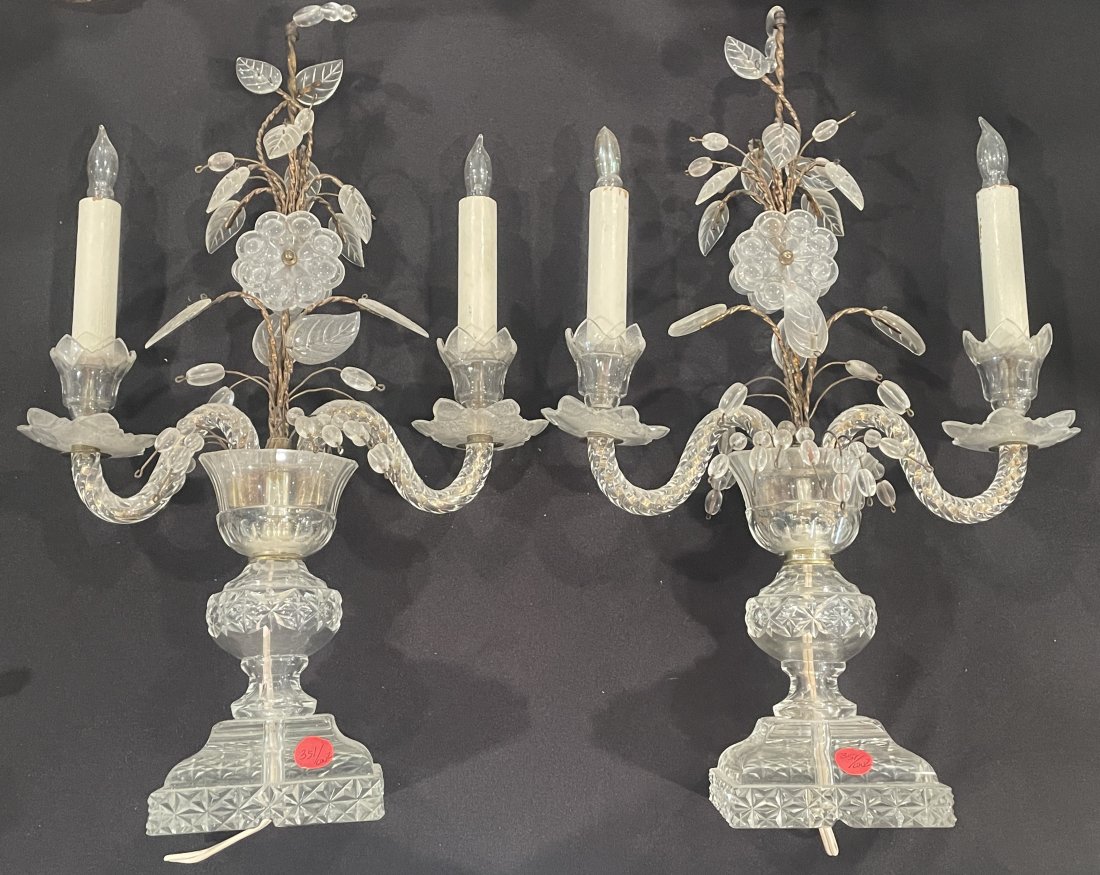 PAIR CONTINENTAL CRYSTAL TABLE SCONCES LAMPS HAVING FRUIT AND FLOWERS, PERHAPS FRENCH, NEED TO BE (1 of 4)