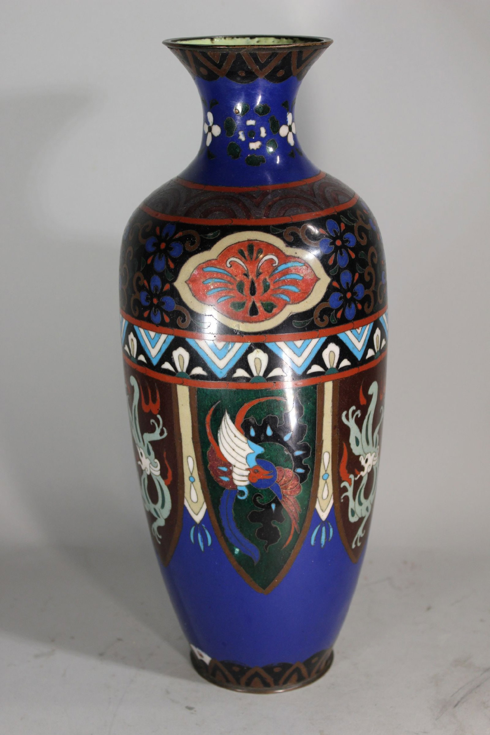 LARGE ANTIQUE JAPENSE ENAMEL CLOISONNE VASE HAVING BLUE GROUND AND DRAGONS 15" TALL x 6" WIDE, VERY (1 of 3)