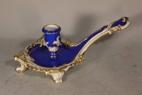 EARLY MEISSEN PORCELAIN CHAMBER STICK CANDLE HOLDER BLUE AND GOLD 8 1/4" x 3" VERY GOOD CONDITION.: EARLY MEISSEN PORCELAIN CHAMBER STICK CANDLE HOLDER BLUE AND GOLD 8 1/4" x 3" VERY GOOD CONDITION.