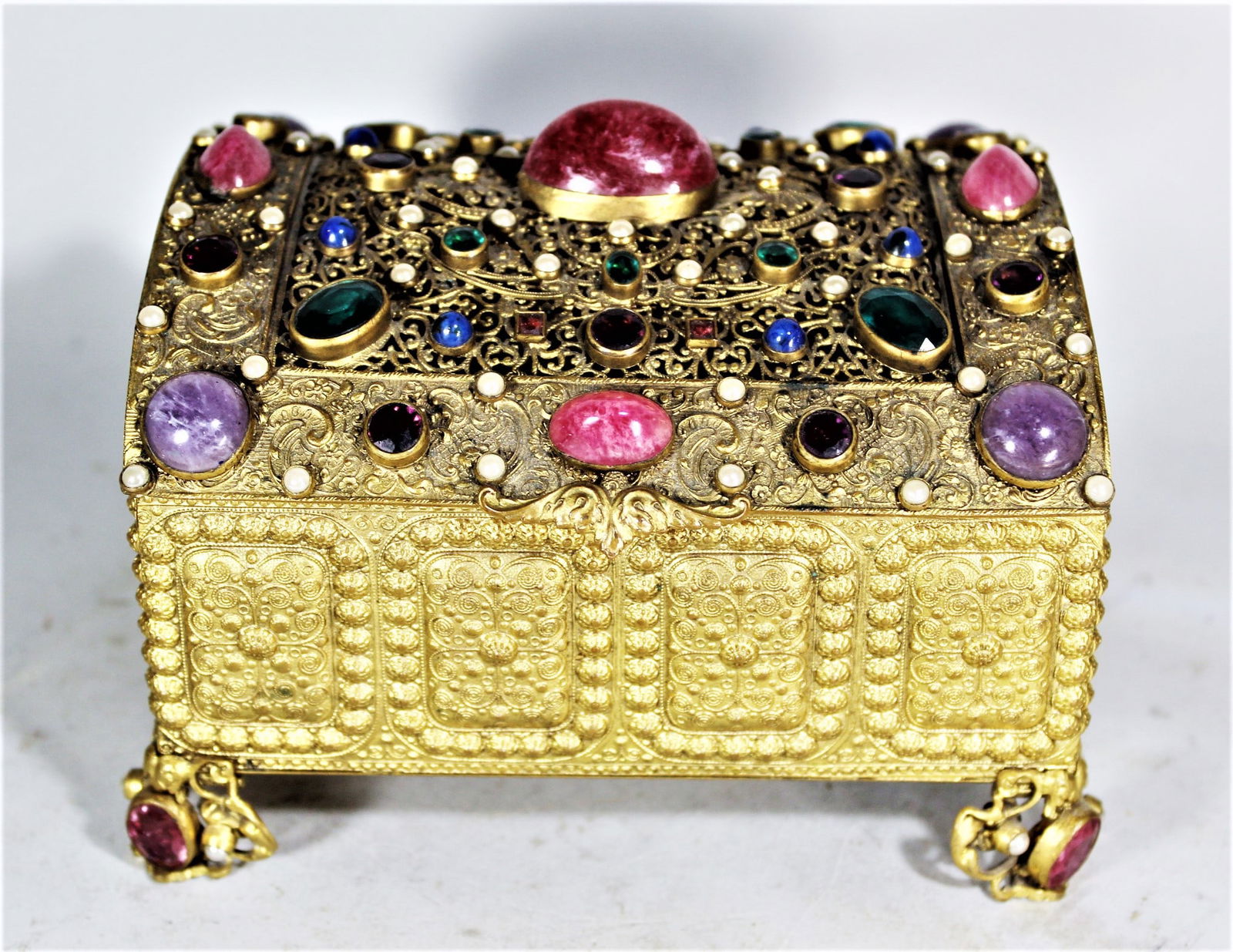 ANTIQUE JEWELED CASKET HAVING LARGE CABOCHON STONES, FRENCH, LAT 19TH CENTURY, VELVEL LINED, 6" X 4" (1 of 4)