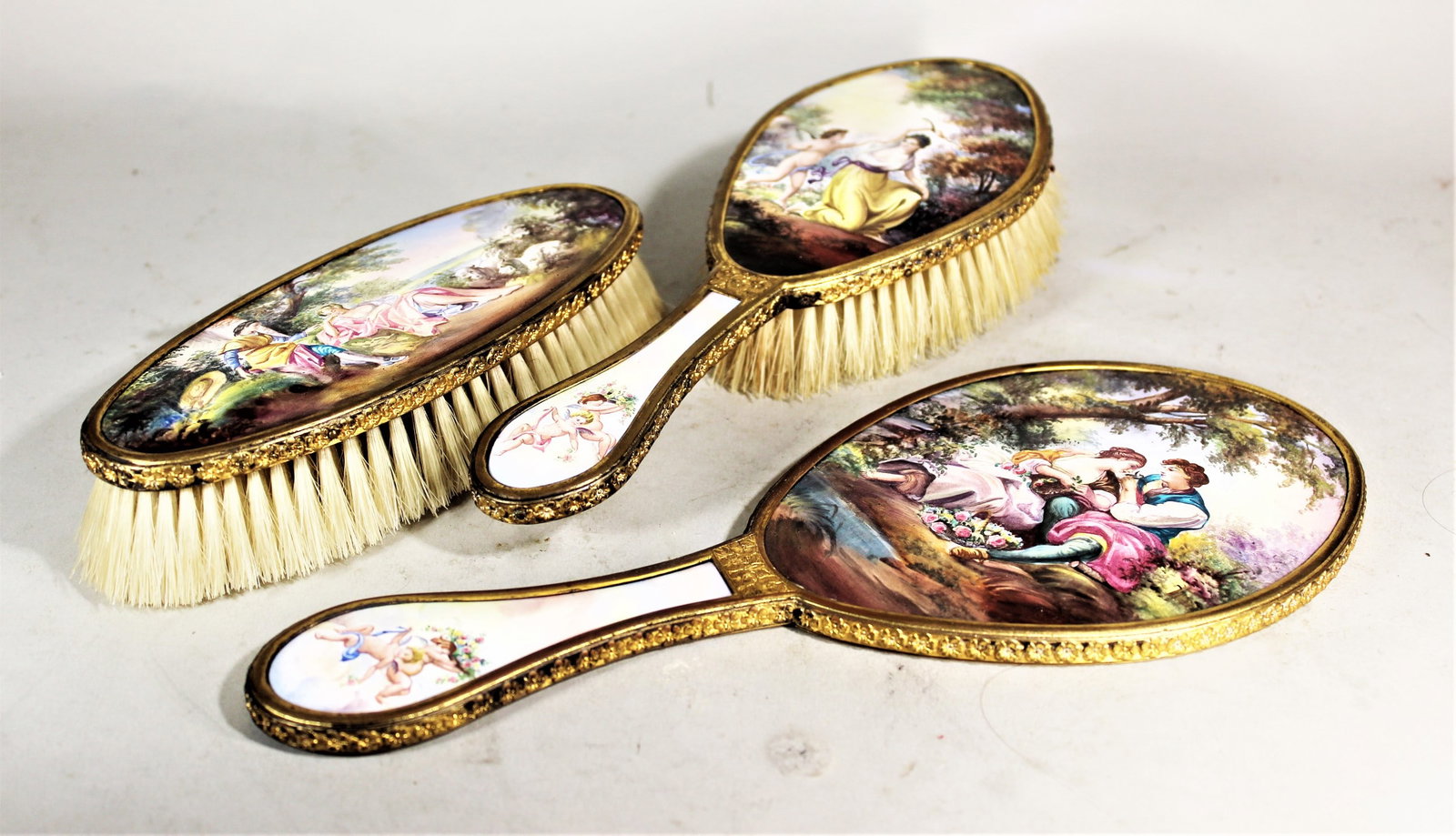VIENNESE ENAMEL, HAND MIRROR, HAND BRUSH, LINT BRUCH SUPER FINE ENAMEL DECORATION, MIRROR 10 1/2 X 4: VIENNESE ENAMEL, HAND MIRROR, HAND BRUSH, LINT BRUCH SUPER FINE ENAMEL DECORATION, MIRROR 10 1/2 X 4 1/4"