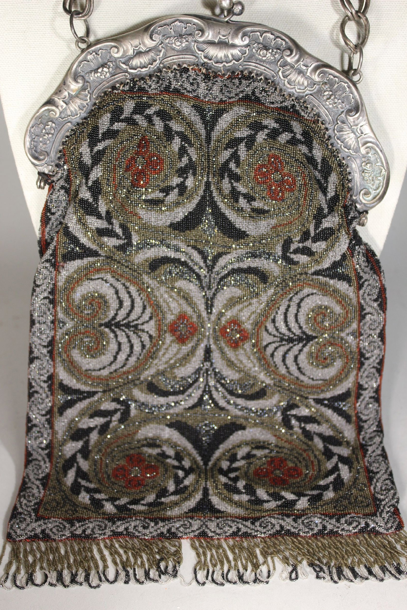 ANTIQUE GLASS BEADED PURSE PAISLEY PATTERN, BODY 14" x 8 1/2", SOME FRINGE MISSING. (1 of 5)