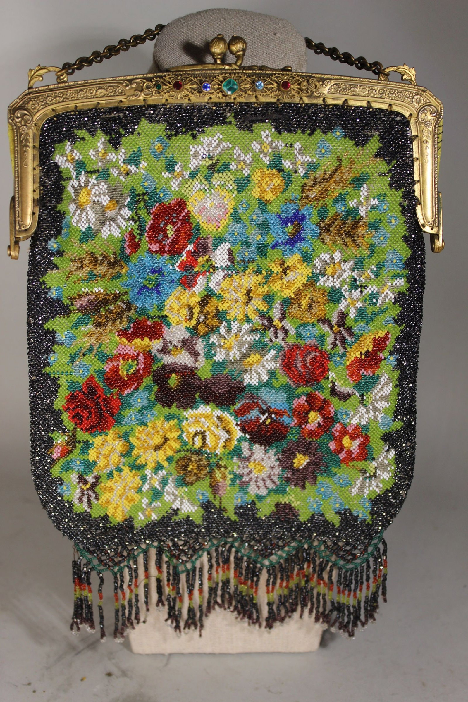 VICTORIAN MICRO GLASS BEADED PURSE HAVING FLORAL DECORATION, MISSING FRONGE, BODY 10 1/2" x 7". (1 of 5)