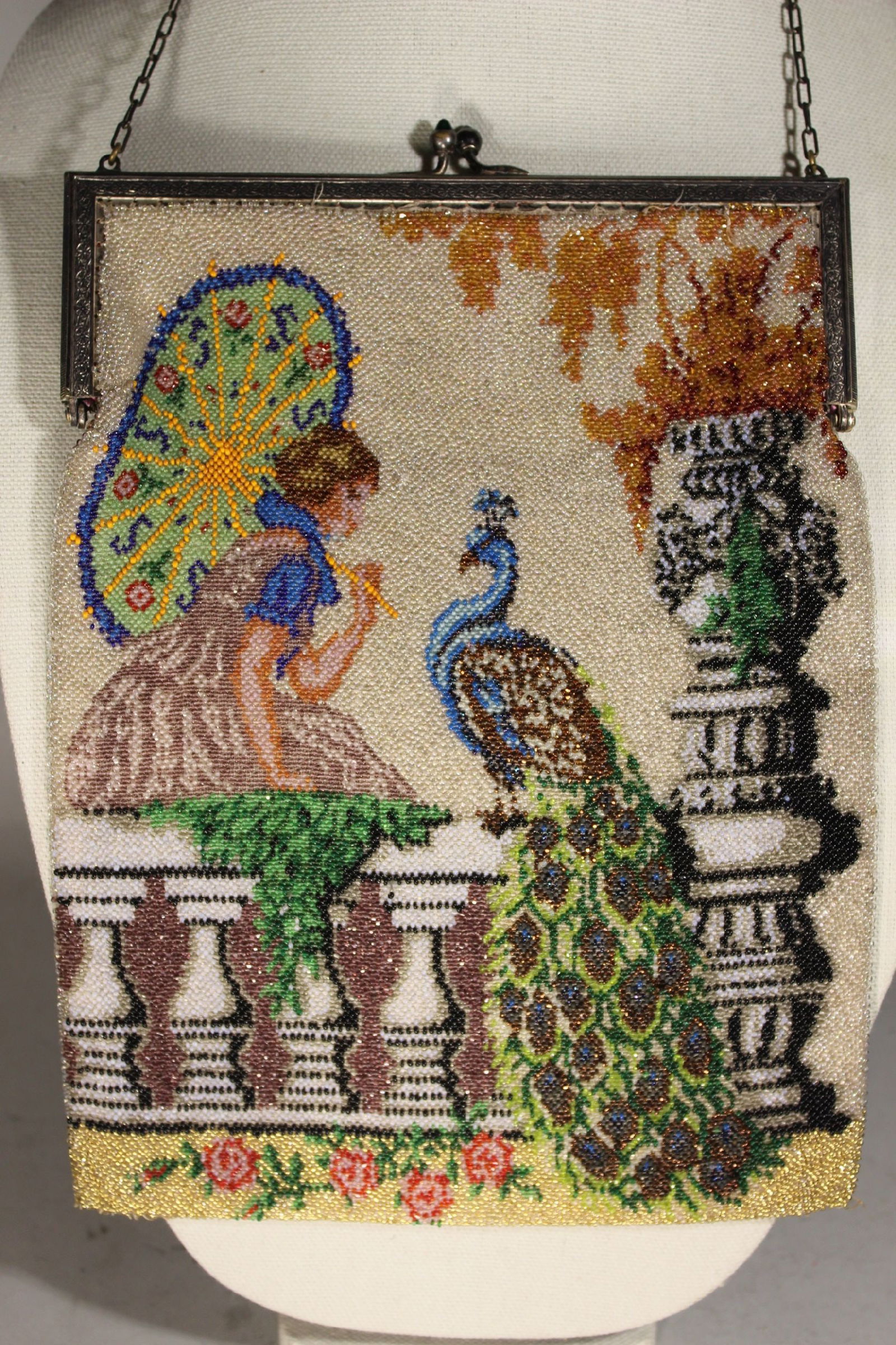 VICTORIAN GLASS BEADED PURSE, WOMAN WITH PARASOL AND PEACOCK IN GARDEN, ENAMEL AND CABOCHON STONE (1 of 6)