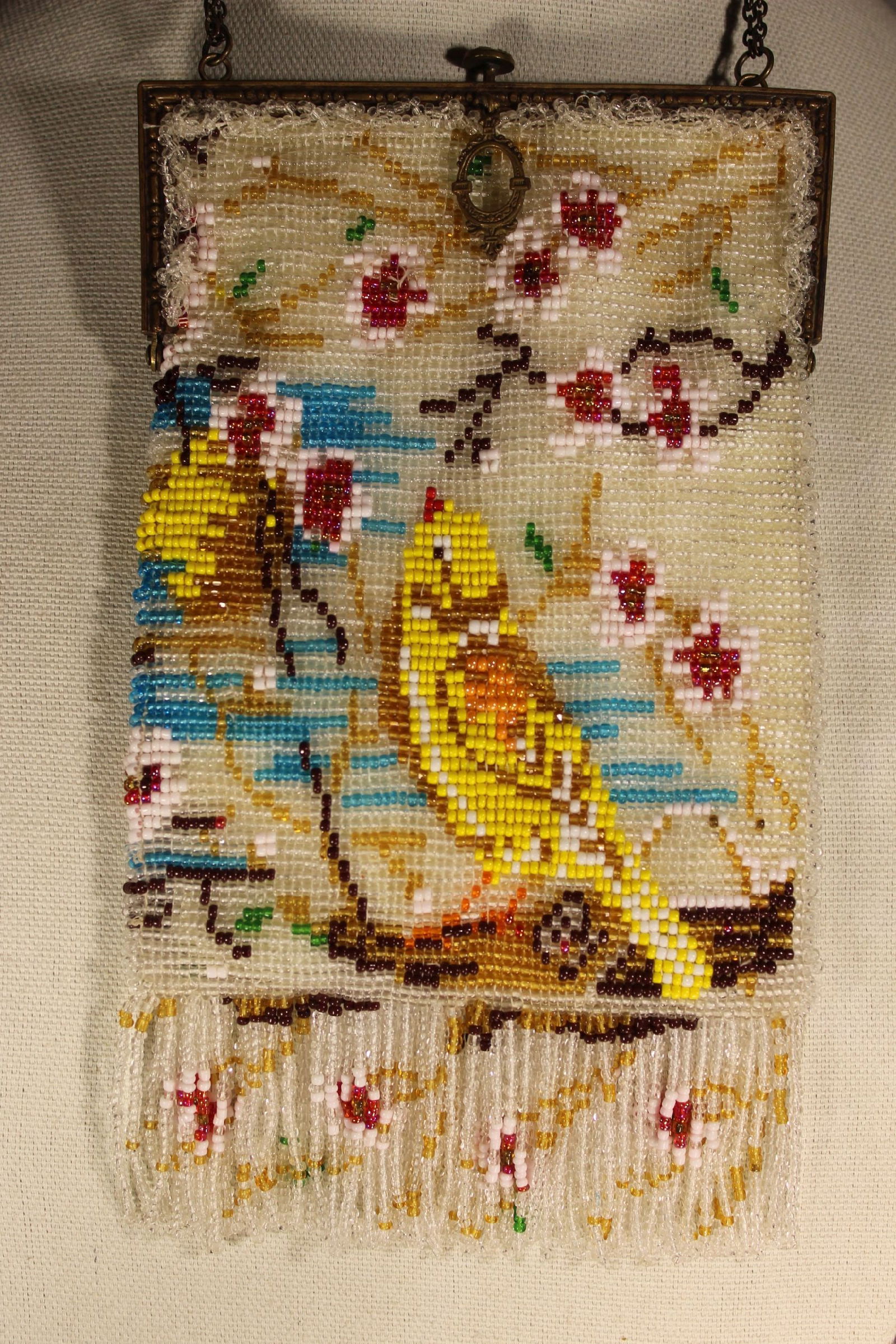 VICTORIAN GLASS BEADED PURSE HAVING YELLOW BIRDS AND FLOWERS, VERY GOOD COND., 8 1/2" x 5". (1 of 5)