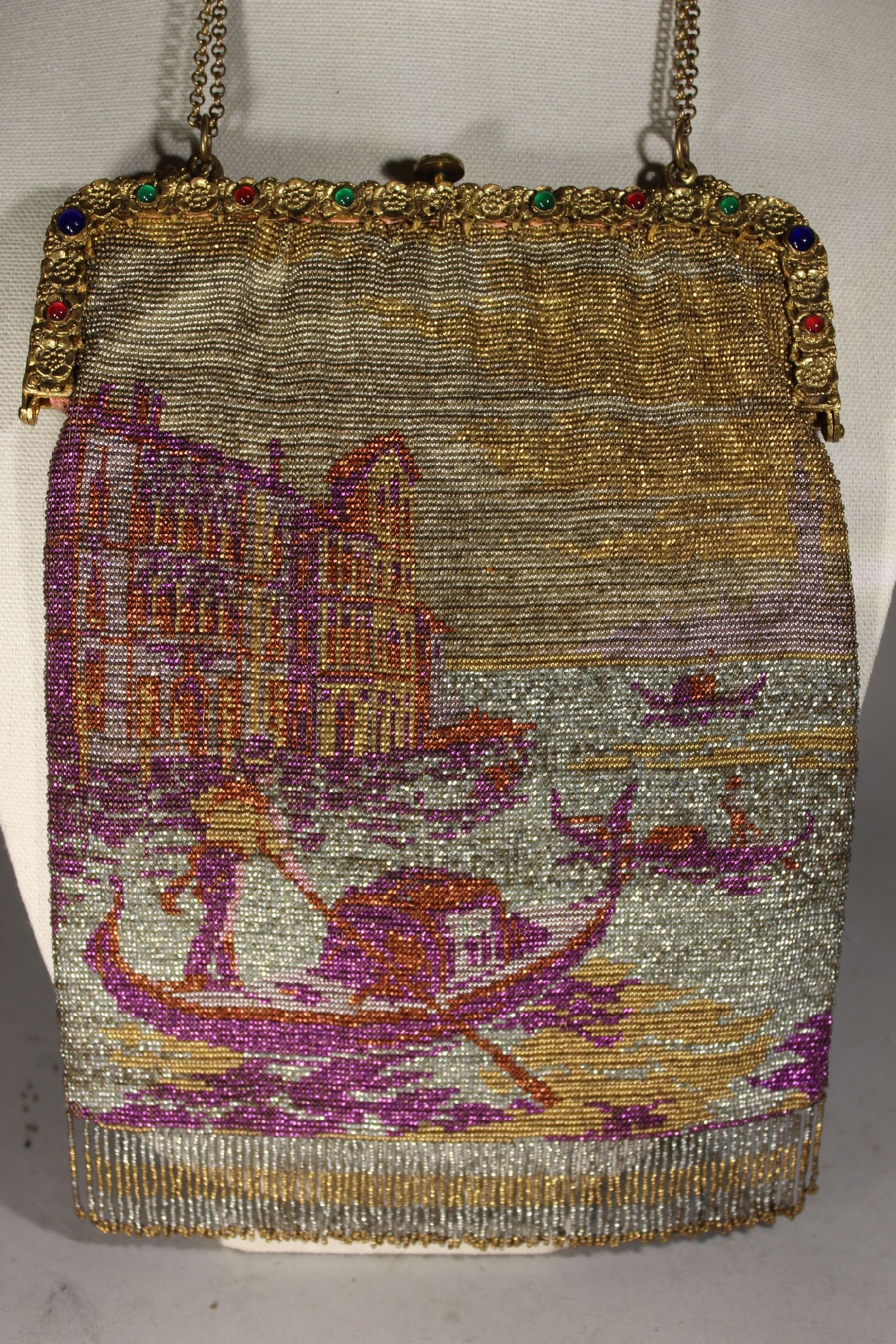 VICTORIAN GLASS BEADED PURSE ST. MARK'S IN VENICE, HAVING GONDOLAS, BAG 10 1/2" x 7 1/2". (1 of 6)