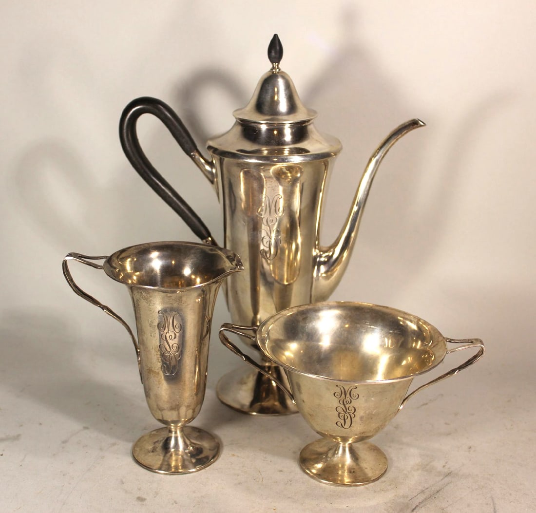 THREE PIECE STERLING SILVER TEA SET BY TOWLE, POT 10" TALL x 7 1/2" WIDE, TOTAL WEIGHT 557.6 GRAMS, (1 of 2)