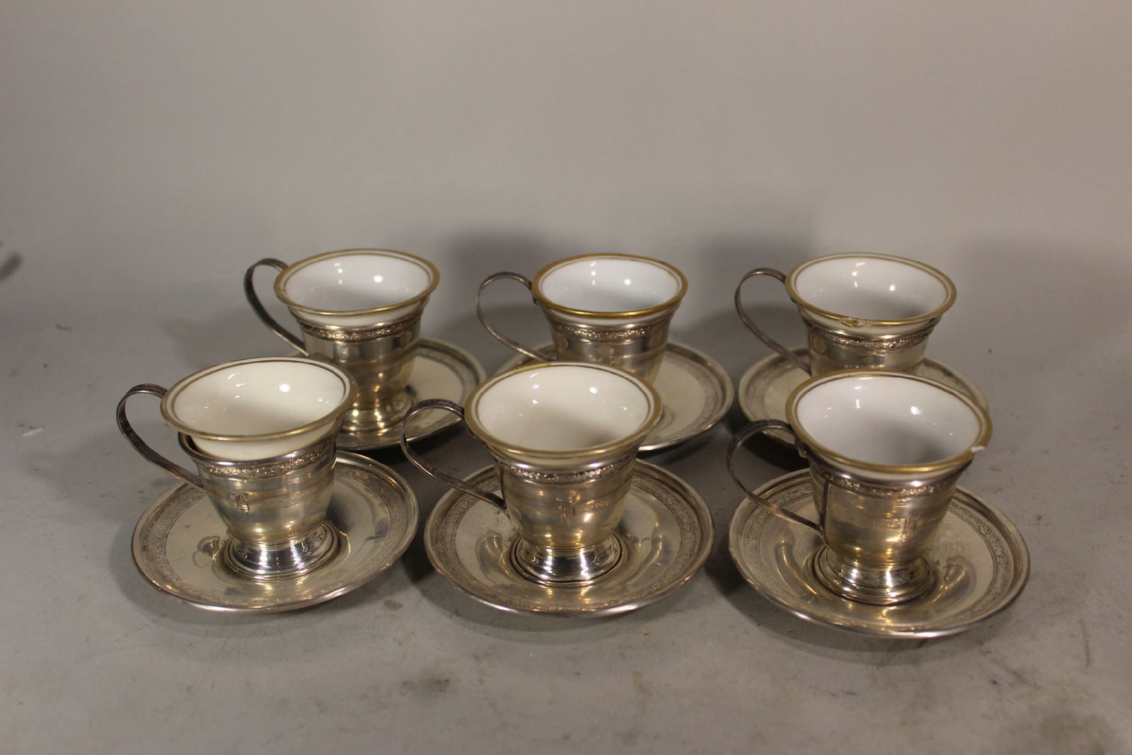 6 STERLING SILVER CUPS & SAUCERS HAVING LENOX PORCELAIN INSERTS, 204.7 GRAMS WEIGHABLE SILVER, (1 of 3)