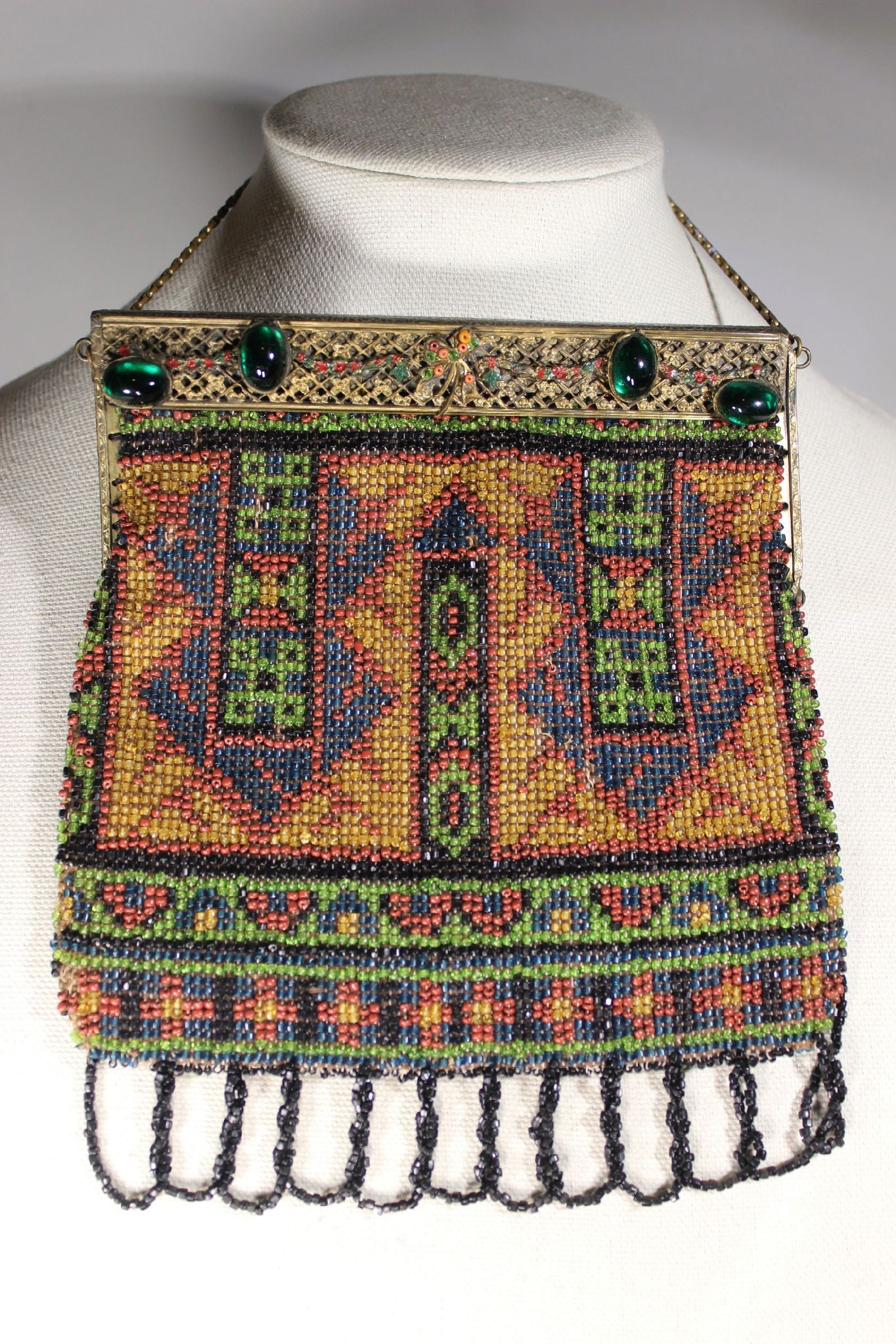 VICTORIAN GLASS BEADED PURSE, ORIENTAL RUG DESIGN, CABOCHON GREEN STONES AND ENAMEL, PURSE 7 1/2" x (1 of 6)