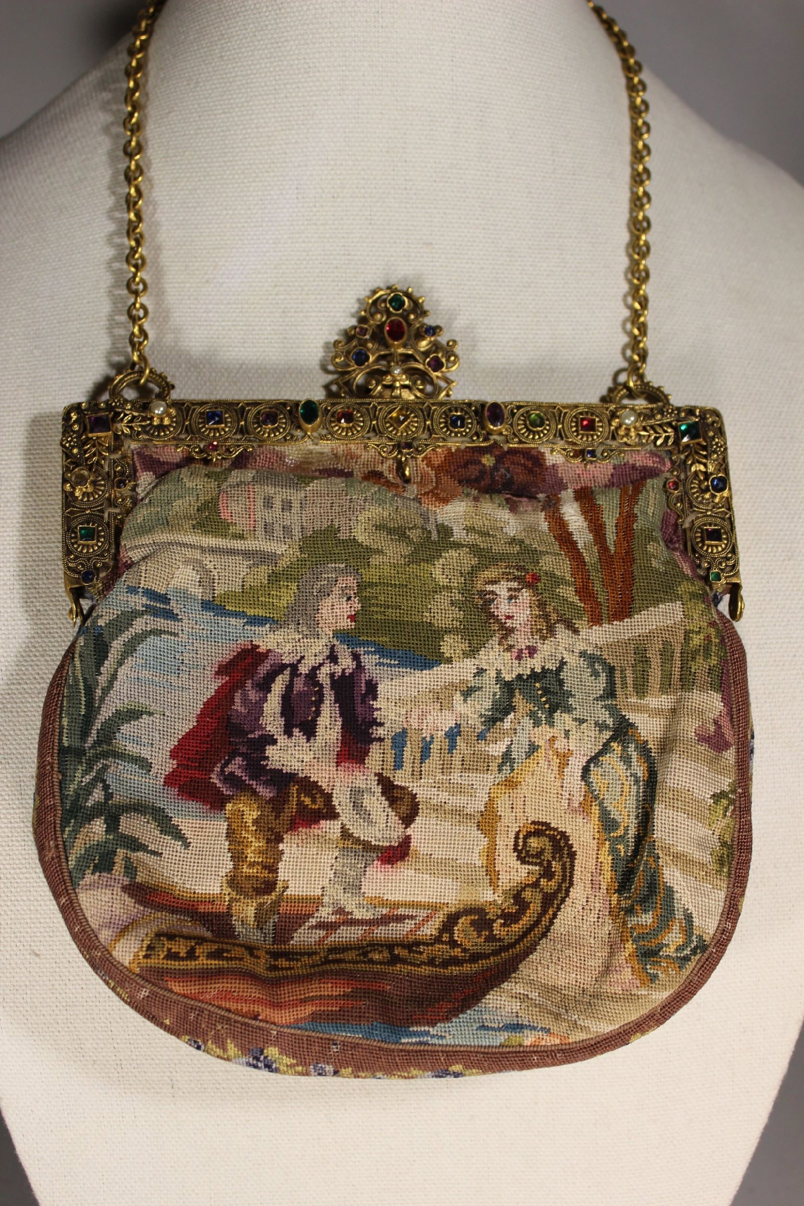 FRENCH PETITPOINT LADIES PURSE, BEJEWELED PURSE, GONDOLA SCENE, GILT FRAME, LATE 19TH CENT., PURSE 7 (1 of 6)