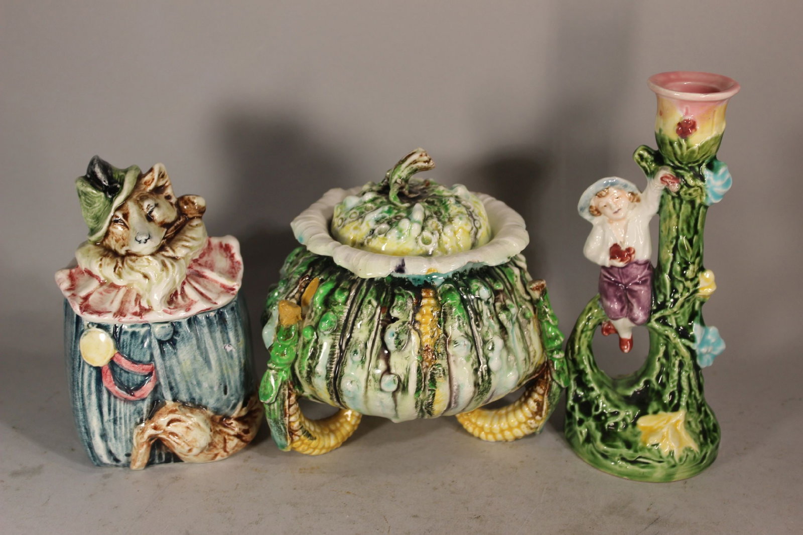 3 PIECE LOT AUSTRIAN MAJOLICA HUMIDOR, ORGANIC VEGETABLE LIDDED BOWL AND FIGURAL CANDLE HOLDER 7", (1 of 4)