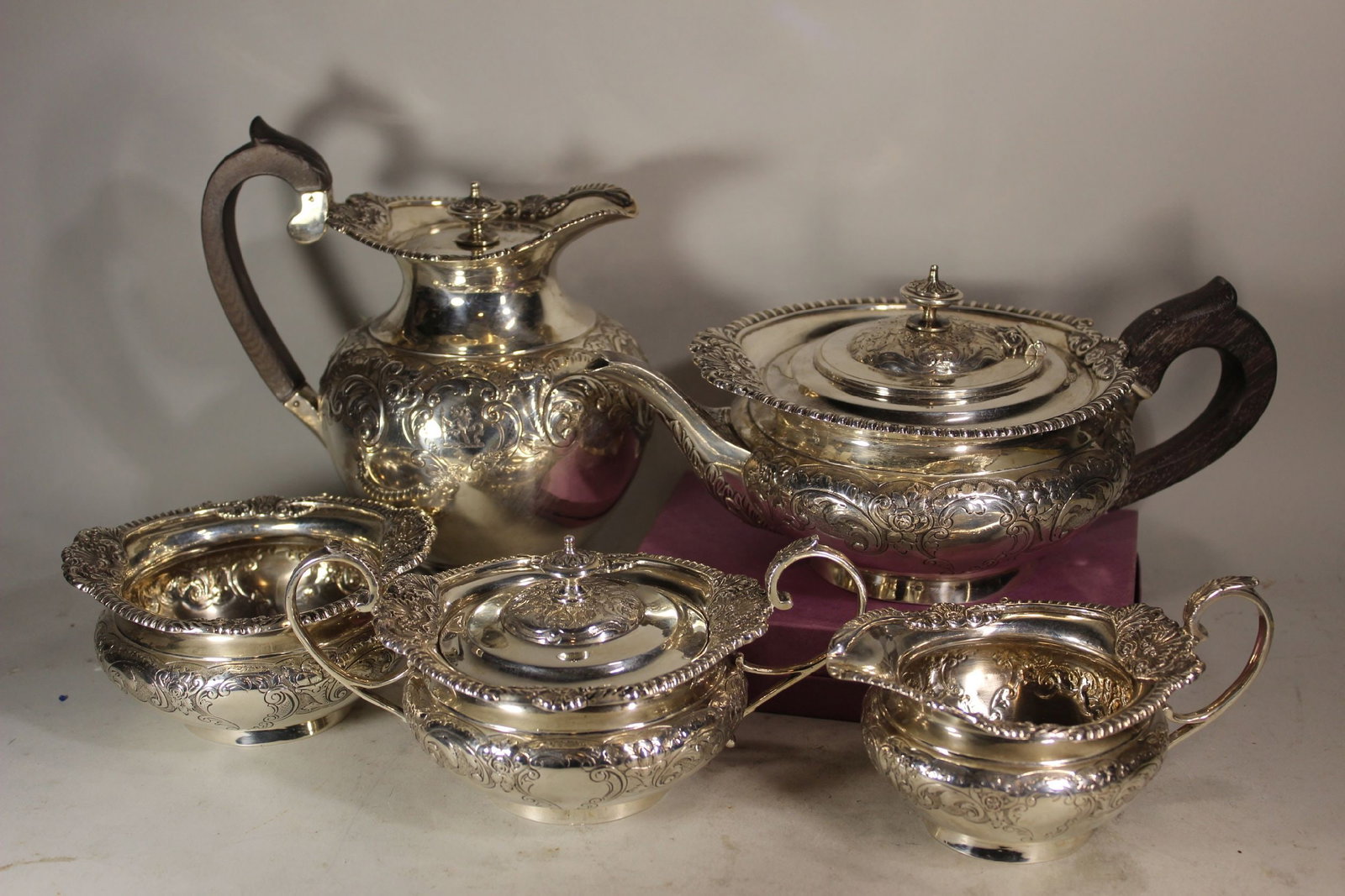 LOT: 5 PIECS, VERY FINE EARLY SHEFFIELD SILVER TEA SERVICE IN REPOUSSE, TALL POT 7 1/2" x 7", BEST (1 of 6)