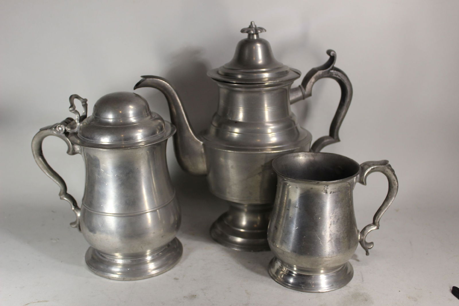 LOT: 3 PIECES, ANTIQUE EARLY PEWTER TEAPOT SIGNED, 10 1/2" x 10", LIDDED TANKARD AND MUG BY "J. (1 of 4)