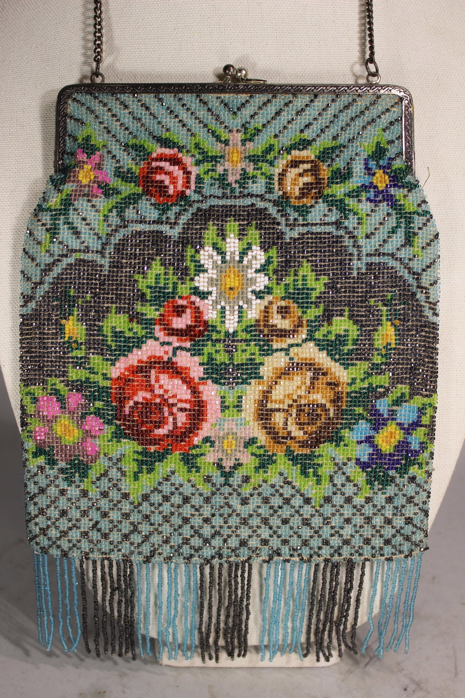 GERMAN VICTORIAN MICRO GLASS BEADED PURSE BAG HAVING FIGURES, BLUE GROUND, BODY WITH FRINGE 11" x 7 (1 of 3)