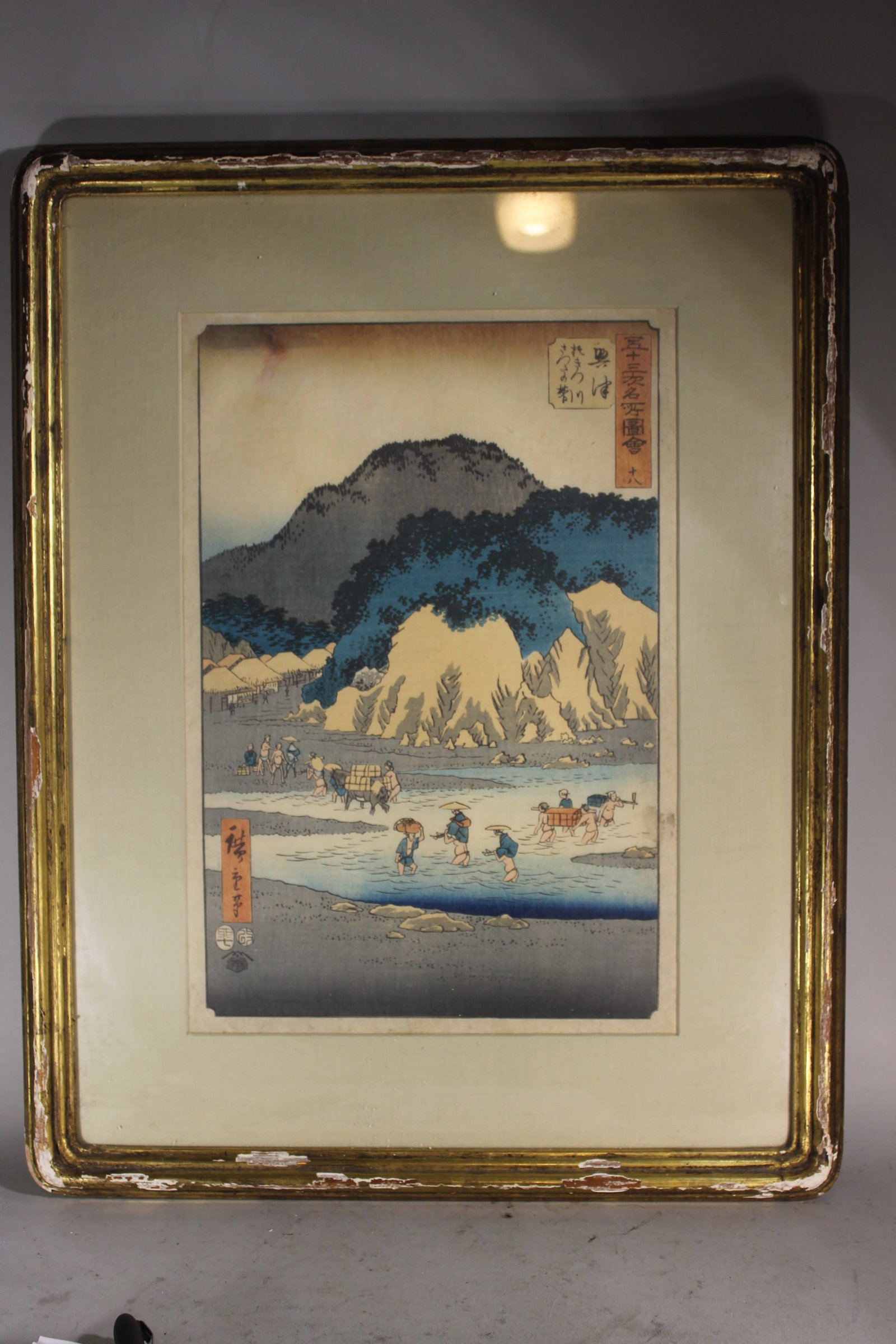 ANTIQUE HIROSHIGE JAPANESE WOODBLOCK PRINT IN GILT FRAME, FRAME 20 1/2" x 16", IMAGE 13" x 8 3/4", (1 of 6)