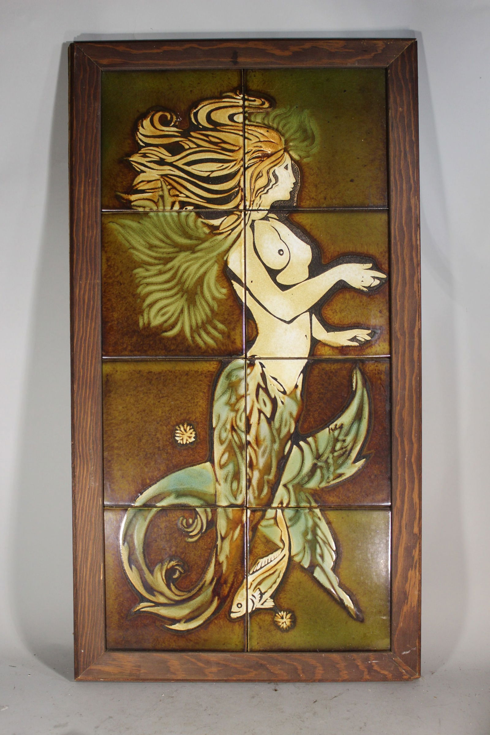 MCM MID CENTURY FRAMED CERAMIC GLAZED TILES OF A FULL FIGURED MERMAID, 27" x 14", VERY GOOD (1 of 3)