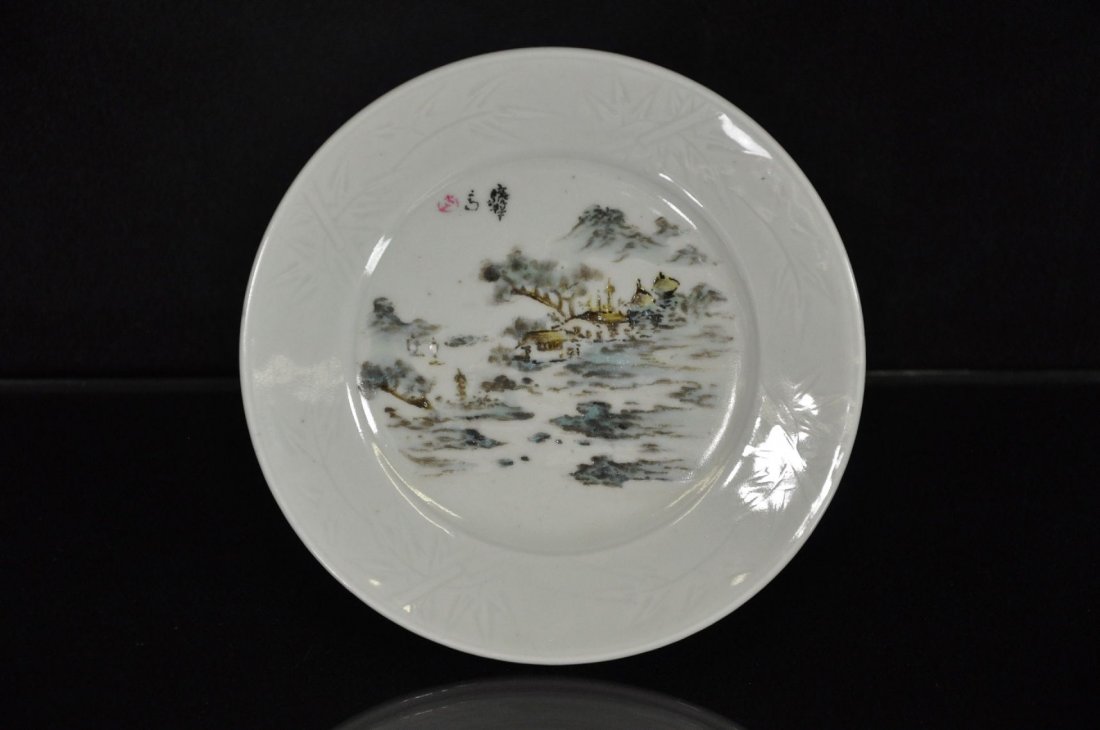 SMALL CHINESE FAMILLE ROSE PORCELAIN PLATE: Porcelain plate, China, painting of Chinese house in the mountains, artists stamp and signature at top. From Dr. Gregorio Walker Newland's collection, estate from Connecticut. 6"D