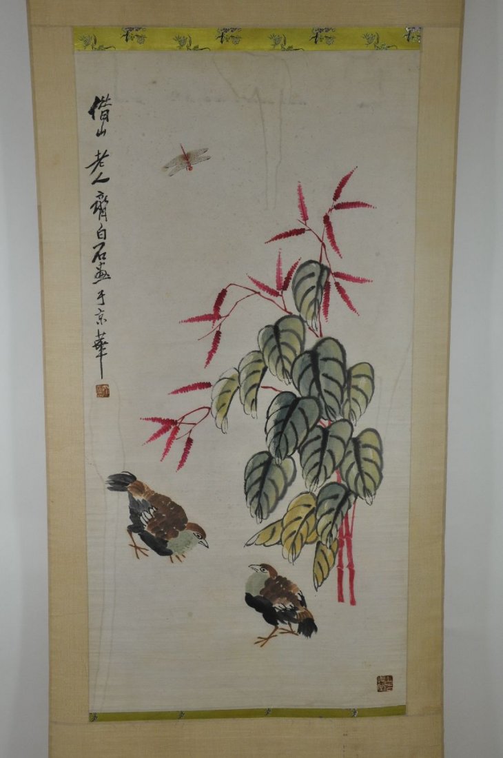 CHINESE WATERCOLOR SCROLL PAINTING: Chinese painting of two birds playing among the leaves, dragonfly at the top, with artist's signature. From Dr. Gregorio Walker Newland's collection, estate from Connecticut. Mounted paper measures 25