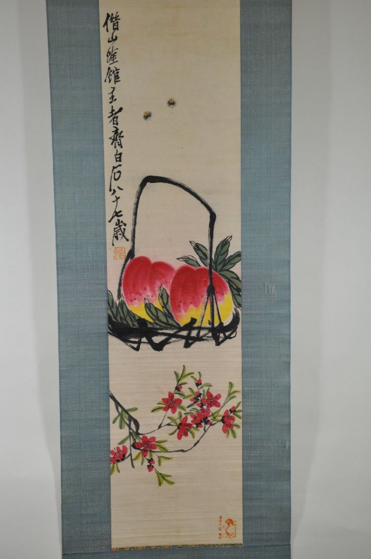 CHINESE WATERCOLOR SCROLL PAINTING: Chinese painting of two peaches in a basket, tree branch at the bottom, two bees flying around. From Dr. Gregorio Walker Newland's collection, estate from Connecticut. Mounted paper measures 13"x52.5"