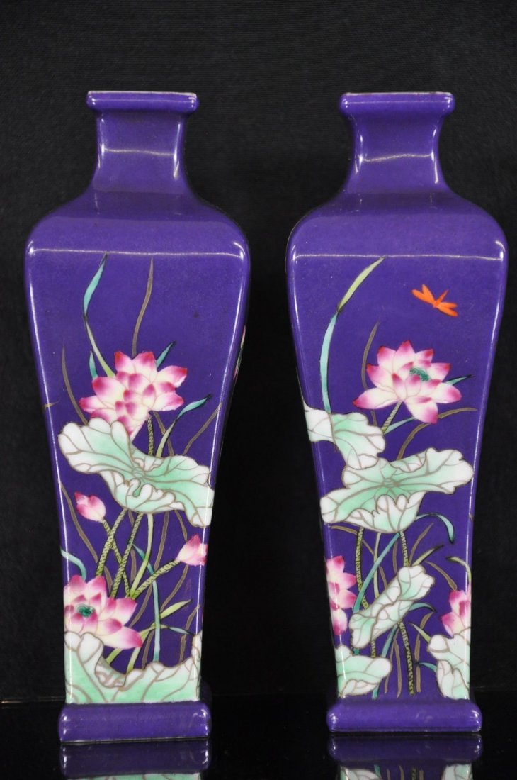 PAIR OF CHINESE FAMILLE ROSE PORCELAIN VASES: Porcelain vases decorated with lotus flowers, painted with an orange dragonfly, and four Chinese characters marked on base. From Dr. Gregorio Walker Newland's collection, estate from Connecticut. 7.5"