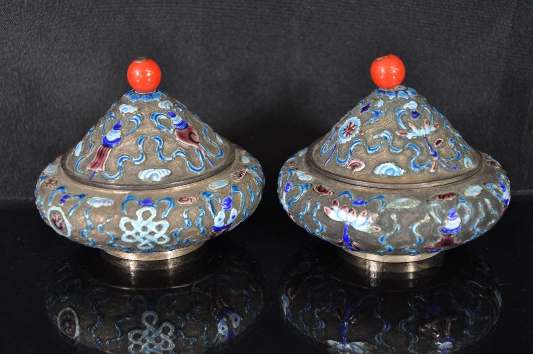 19TH C. A PAIR OF CHINESE CLOISONNE JARS: Cloisonne jars carved Chinese traditional complex patterns, China marked on the base. 3.5"T From Dr. Gregorio Walker Newland's collection, estate from Connecticut.