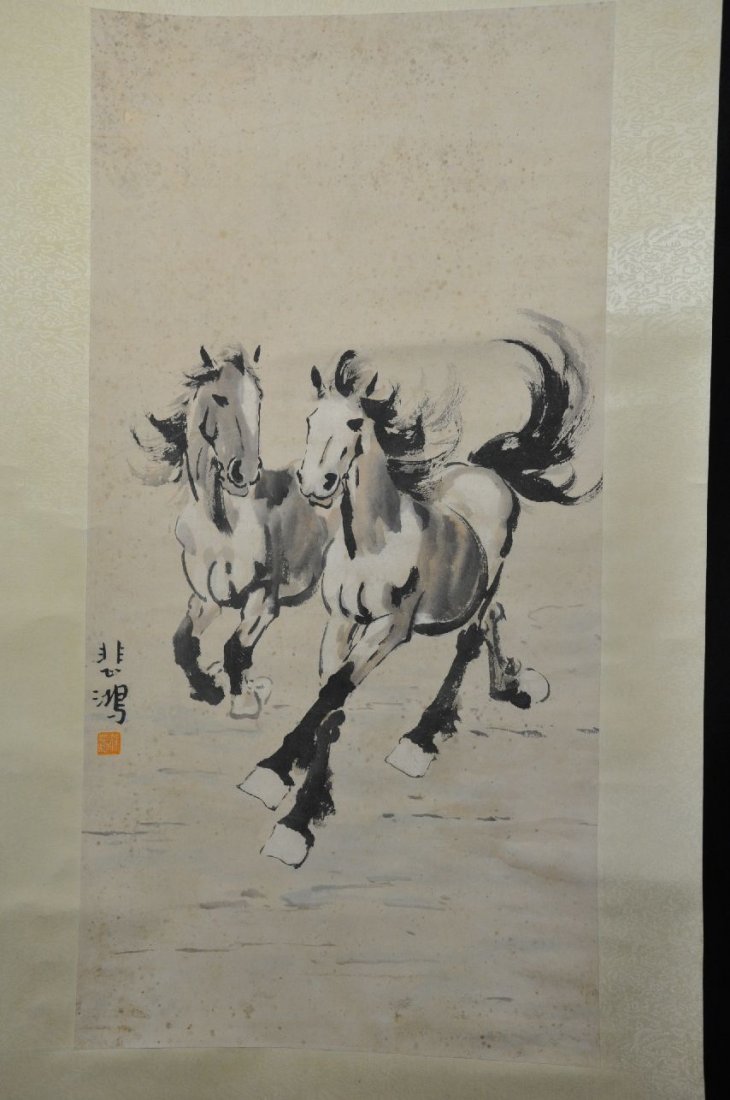 A SCROLL OF CHINESE WATERCOLOR PAINTING: Watercolor painting of two horses running, with artist's signature. From Dr. Gregorio Walker Newland's collection, estate from Connecticut. 37"x18.5"