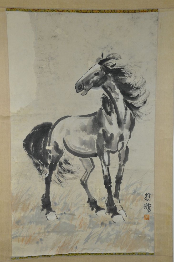 A SCROLL OF CHINESE WATERCOLOR PAINTING: Watercolor painting, one horse standing in a grass field with the wind blowing. From Dr. Gregorio Walker Newland's collection, estate from Connecticut. Mounted paper measures 23"x39"