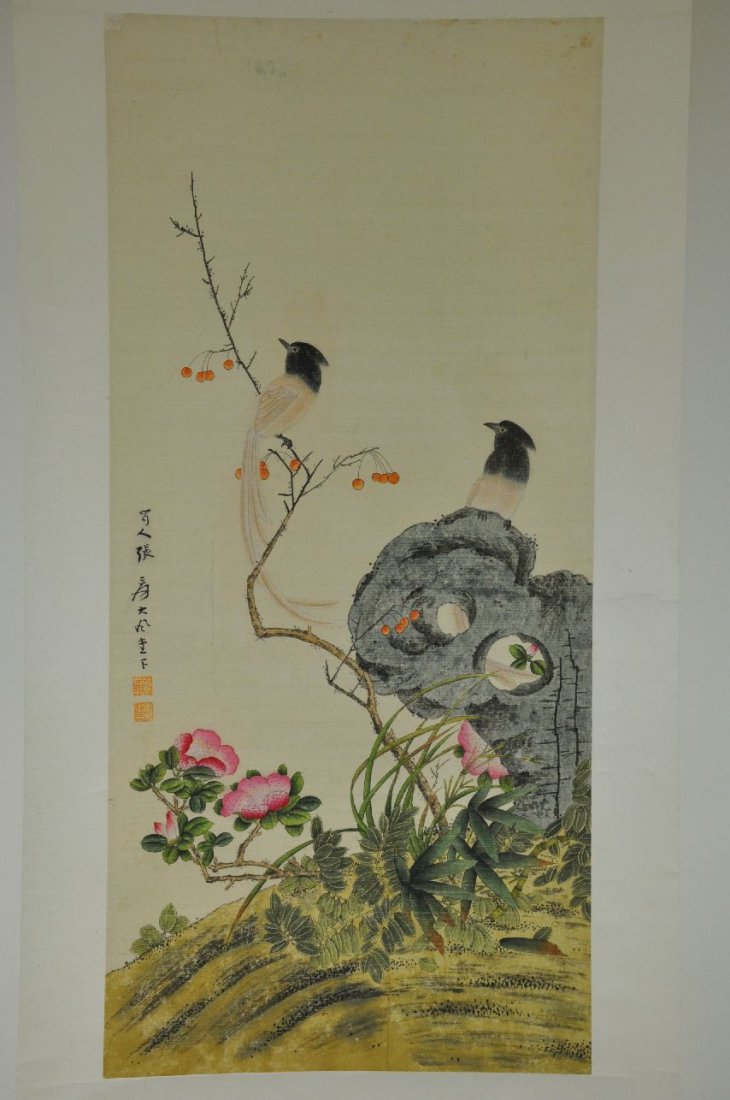 A SCROLL OF CHINESE WATERCOLOR PAINTING: Watercolor painting, with birds perched on a tree and rock, with peony tree. with artist's signature. From Dr. Gregorio Walker Newland's collection, estate from Connecticut. 36"x17"