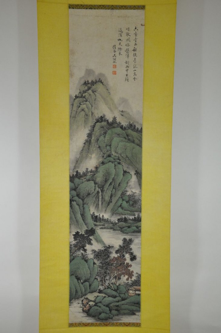 A SCROLL OF CHINESE WATERCOLOR PAINTING: Watercolor painting, Chinese scholar's painting of a river flowing around the mountains, Chinese poem on the top right, with artist's signature. From Dr. Gregorio Walker Newland's collection, estate f