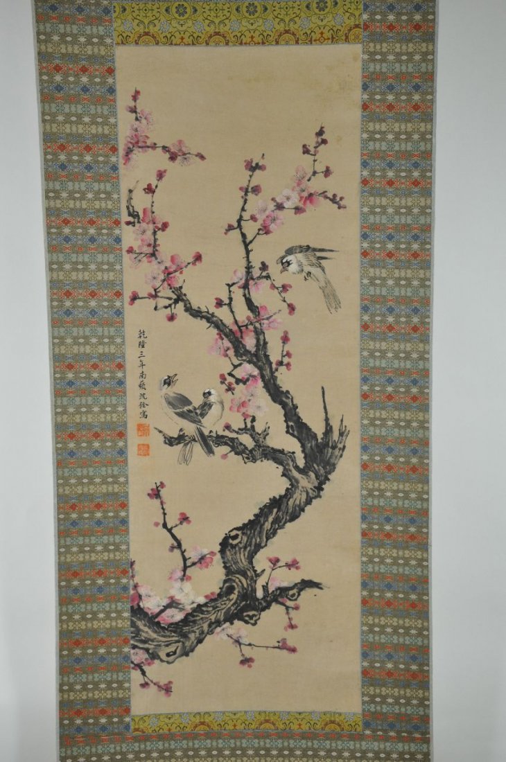 A SCROLL OF CHINESE WATERCOLOR PAINTING: Watercolor painting, Chinese scholar's painting of a plum tree branch, three birds flying around the tree, with artist's signature. From Dr. Gregorio Walker Newland's collection, estate from Connectic