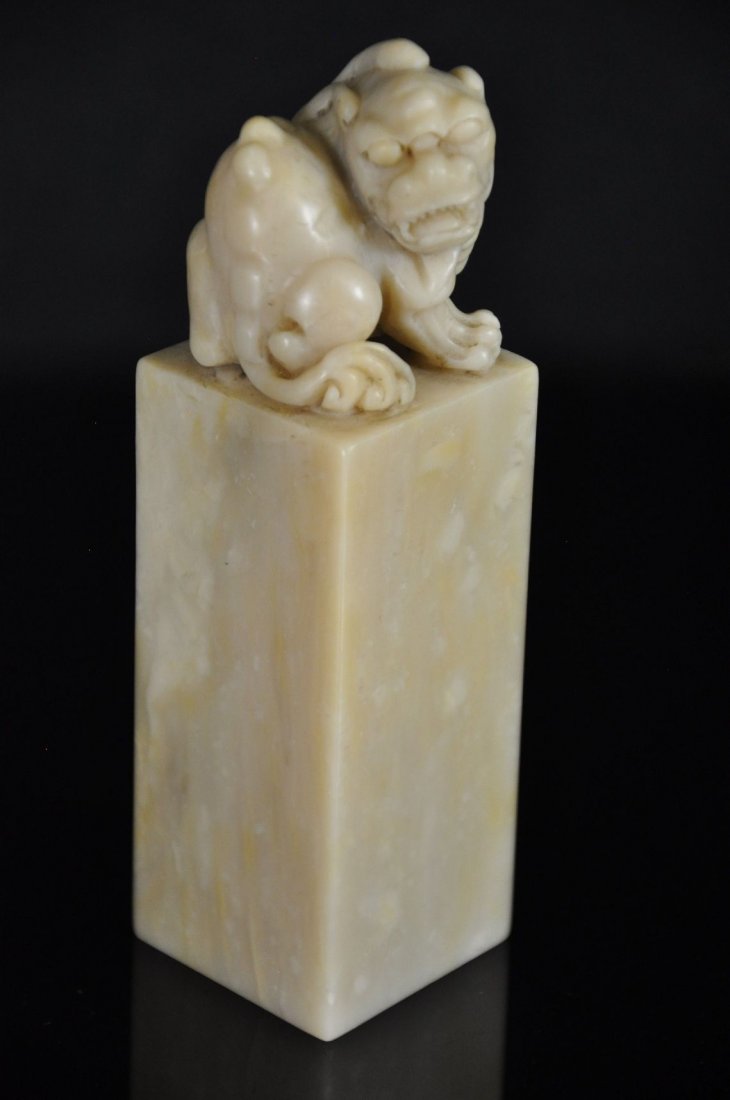 CARVED SOAPSTONE SEAL: Chinese seal with carved foo dog on the top. 5.25"T