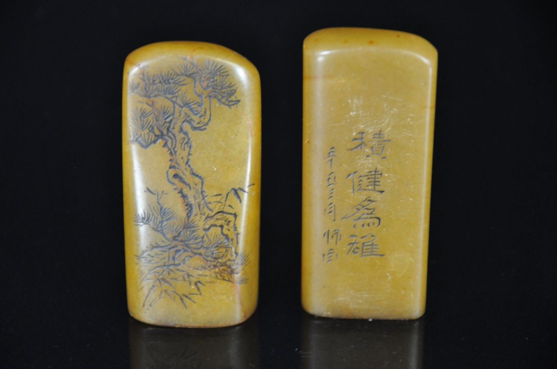 PAIR OF CARVED SOAPSTONE SEALS: 2 soapstone seals with Chinese poem and characters, artist's signature. Larger is 3.5"T.