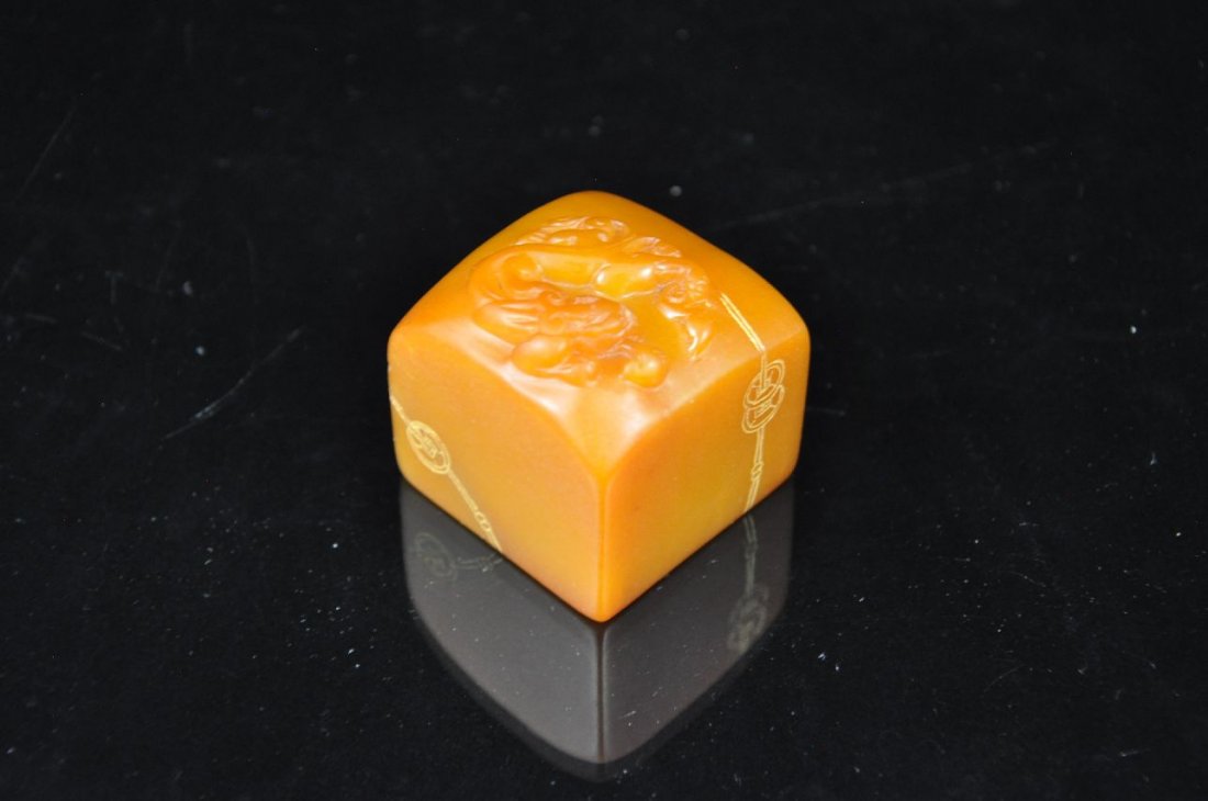 CHINESE SOAPSTONE SEAL: Chinese soapstone seal, with coin design. 1.75"x1.75" Base.