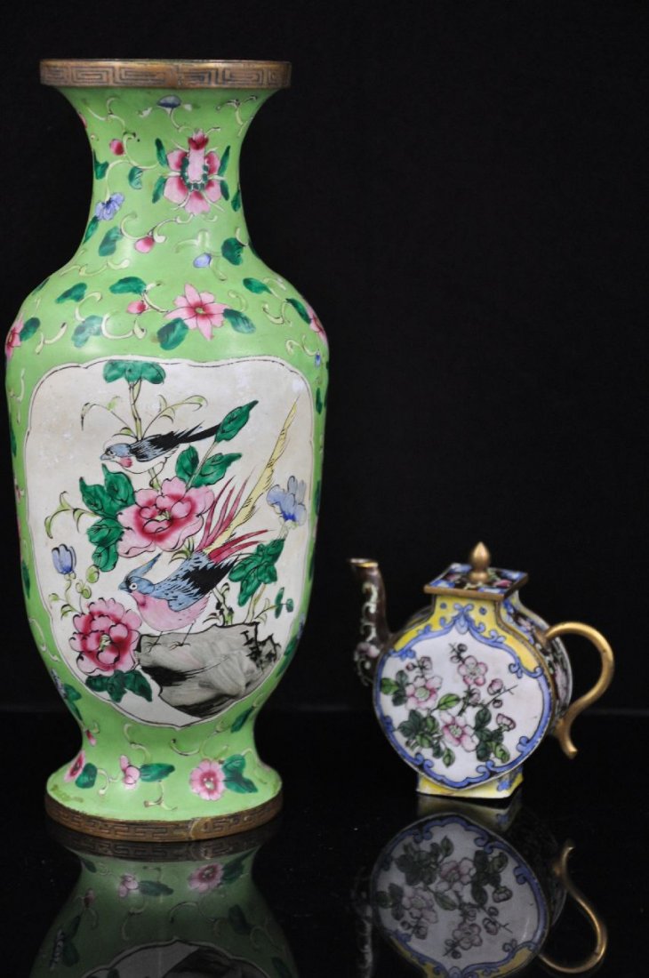 CHINESE ENAMEL ON COPPER VASE AND ENAMEL ON CO: Enamel on copper vase decorated with a woman in garden with birds and peony. tea pot decorated with plum blossom. Vase is 9"T